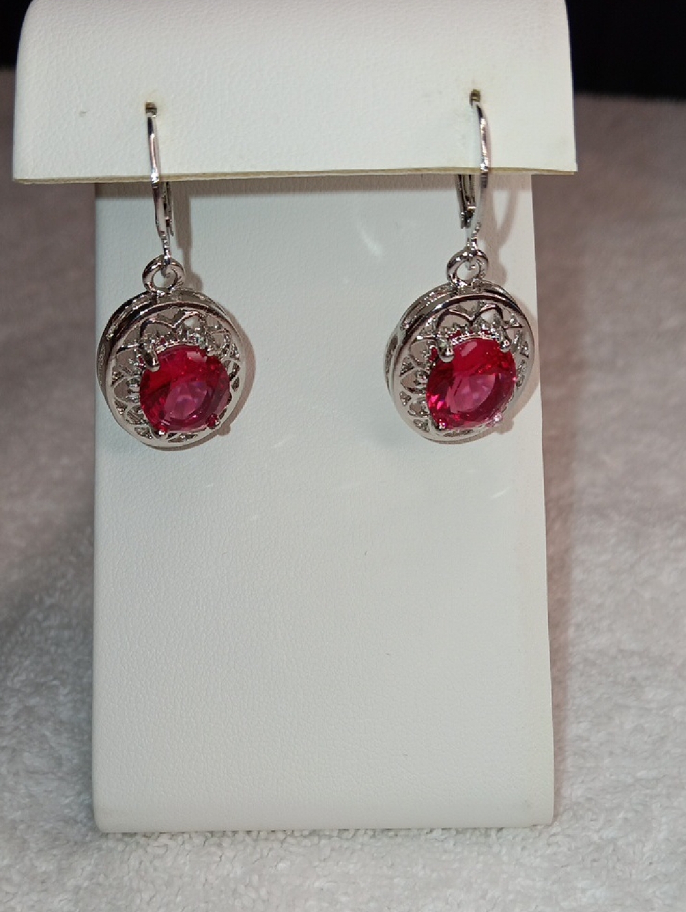 Silver Drop Earrings with Vivid Red Gem